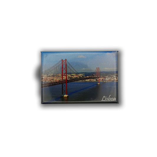 The New Jamp 25th April Bridge - Fridge Magnet features Lisbon's iconic bridge over the river with city buildings and “Lisboa” in white script—a perfect Portugal keepsake for celebrating Portuguese heritage.