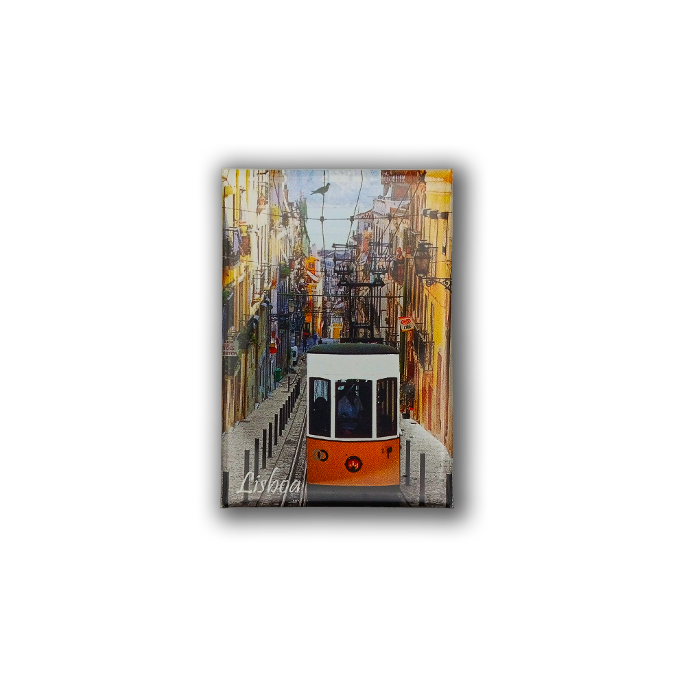 A bright yellow tram ascends a vibrant Lisbon street on the Lisbon Lift - Fridge Magnet by New Jamp, an ideal Portugal souvenir. "Lisboa" appears at the bottom of the image.