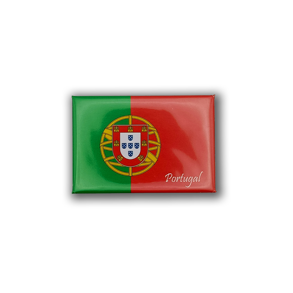 The New Jamp "Flag of Portugal - Fridge Magnet" features the flag with green and red sides, a central coat of arms, and "Portugal" in white script—ideal for Fátima sanctuary fans and souvenir collectors.