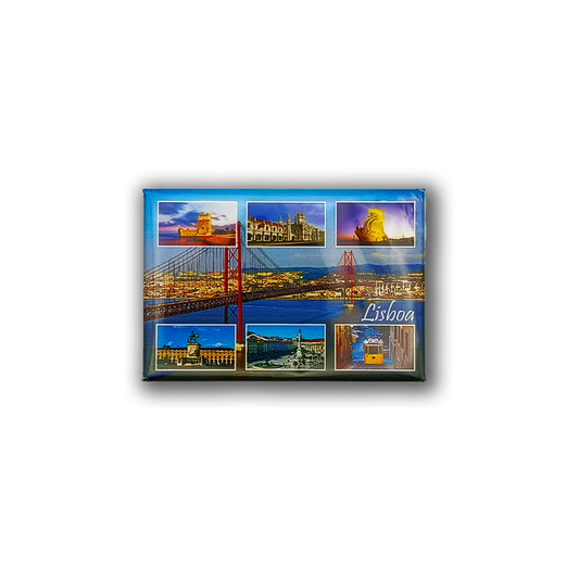 The Lisbon Iconics Places Fridge Magnet by New Jamp features a collage of landmarks like the 25 de Abril Bridge, historic sites, a statue, and "Lisboa" in white script—a perfect Portuguese keepsake.
