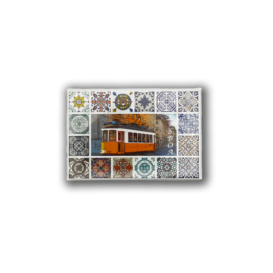 New Jamp's Lisbon Tiles - Fridge Magnet showcases an orange tram in Lisbon, framed by vibrant Portuguese tile patterns—a charming tribute to Portuguese culture and the city's artistry.