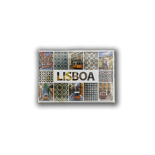 The Pieces of Lisbon - Fridge Magnet by New Jamp features vibrant Portuguese ceramic tiles, a classic city tram, and "LISBOA" in bold letters, capturing the charm of Lisbon.
