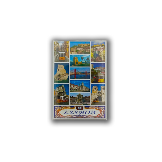 The Lisbon Landmarks - Fridge Magnet by New Jamp features vibrant images of Lisbon's iconic sites, ceramic tiles, historic buildings, and cityscapes with "Lisboa" written decoratively at the bottom.