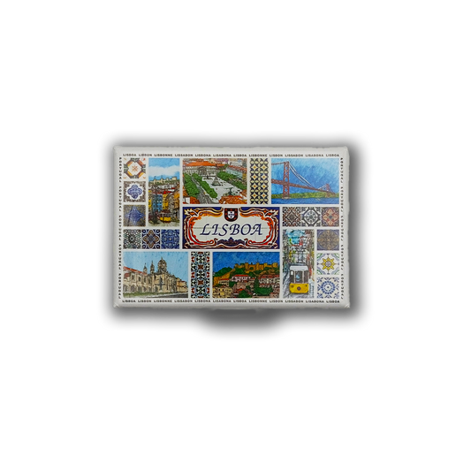 The New Jamp "Painting & Tiles - Fridge Magnet" features Lisbon landmarks, a tram, and ceramic tiles. "Lisboa" is central, surrounded by scenic art and touches of the iconic Barcelos rooster, celebrating Portuguese heritage.