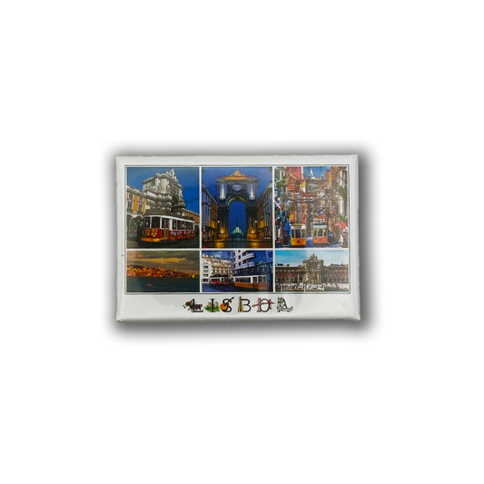 The Lisbon sights - Fridge Magnet by New Jamp features six small photos of landmarks, trams, and city streets with "Lisboa" below. Charming icons and a colorful Barcelos rooster capture Portuguese culture in the vibrant design.