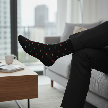 A person in dark pants sits cross-legged on a sofa, wearing Tejo Shop's Socks with a Portuguese Flag Pattern. A coffee table, cup, and open book are nearby, and large windows reveal a cityscape in the background.